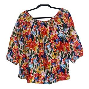 Vibrant Hester & Orchard Floral Linen & Cotton Blend Women's Blouse